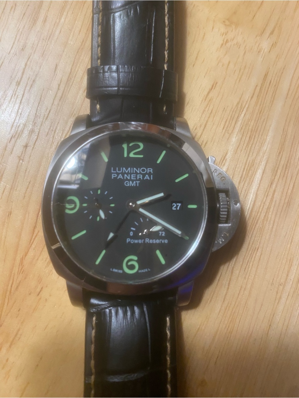 New Panerai Luminor GMT Power Reserve Watch - Black Dial, Green Lume